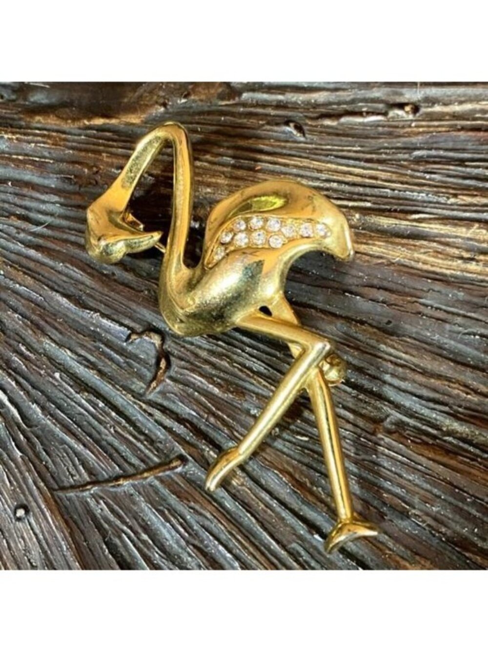 Gold Tone Flamingo Brooch Clear Rhinestone Bird Figural Pin Vintage